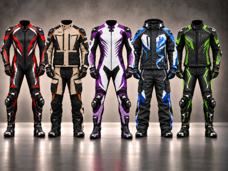 Five Motorcycle Suits, One Waterproof Blue Rain Suit