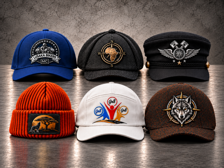 Six Embroidered Caps in Industrial Studio